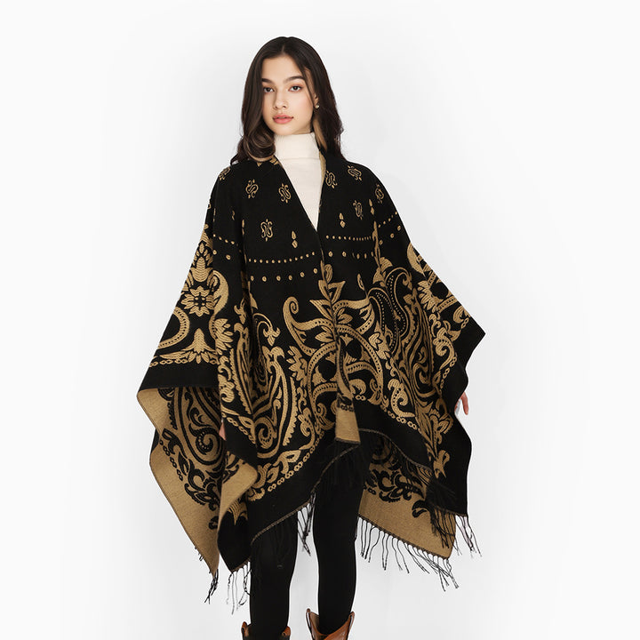 Damen Opulenter Jacquard‑Poncho im Kaftan‑Stil mit Fransen und Paisley‑Relief Drune