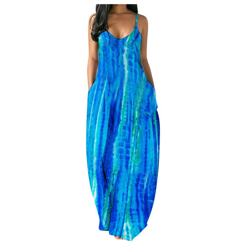 Damen Maxikleid mit angesagtem Tie-Dye Muster und tiefem V-Ausschnitt Drune