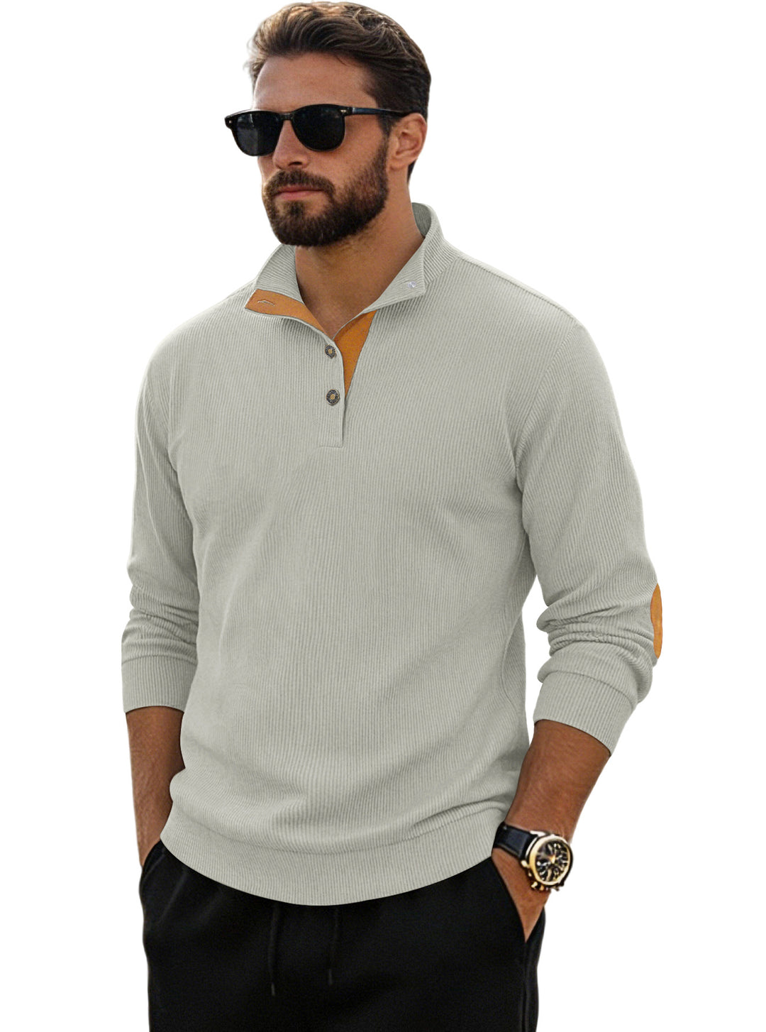 Herren nan fein gerippter Strickpullover mit Polokragen Knopfleiste und Ellenbogenbesatz Drune