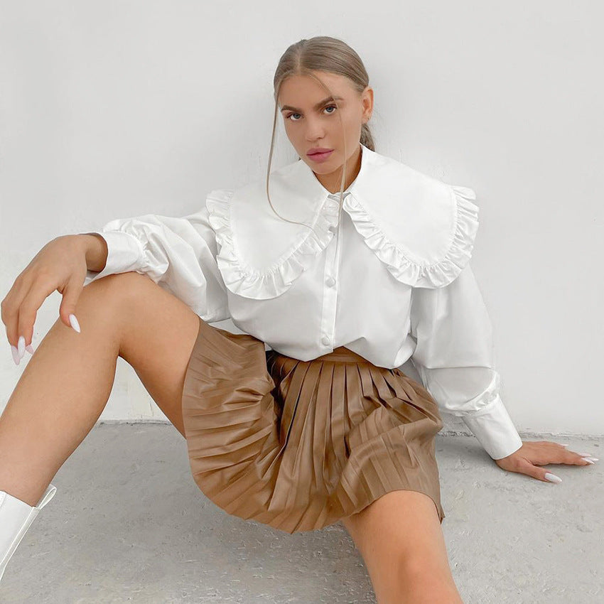 Damen Elegante Bluse mit voluminösen Ärmeln und Rüschensaum Drune