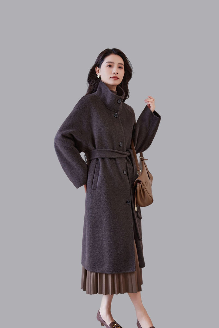 Damen Oversize Wollmantel mit Stehkragen und Taillengürtel Drune