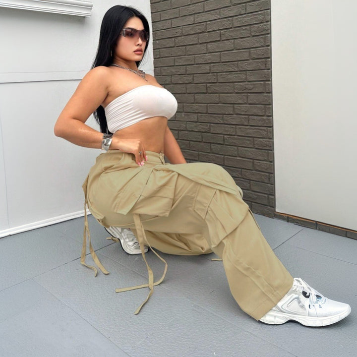 Damen weite Cargo-Hose mit funktionalen Taschen und elastischem Bund Drune