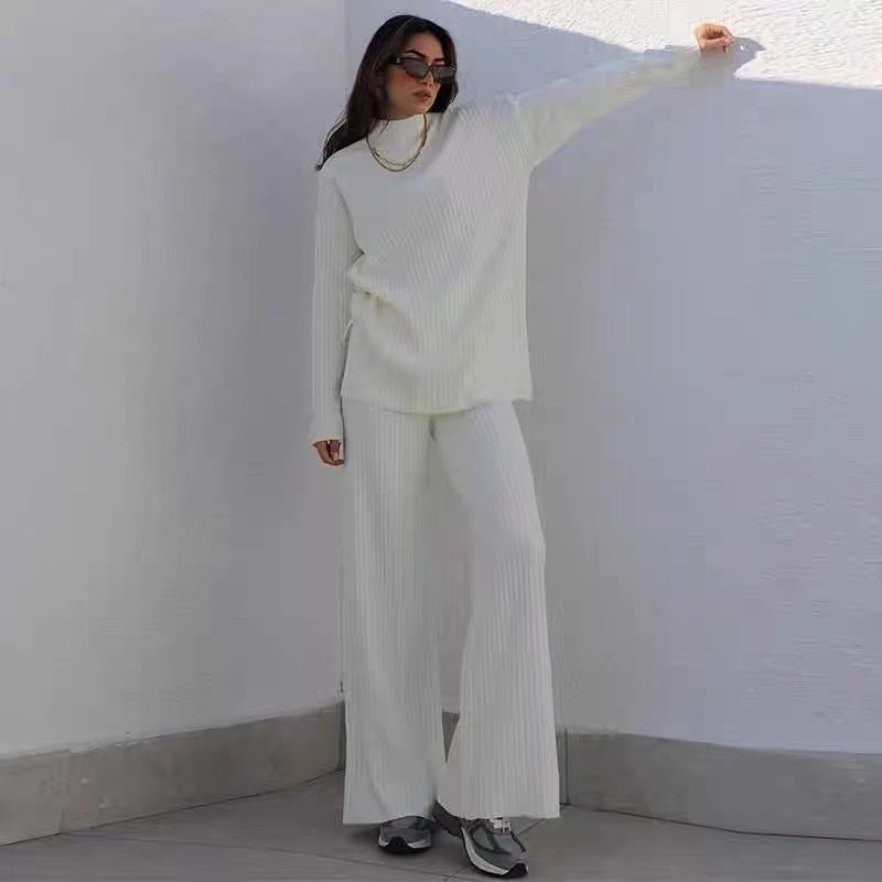 Damen Strick-Loungewear-Set mit hohem Kragen und weitem Bein Drune