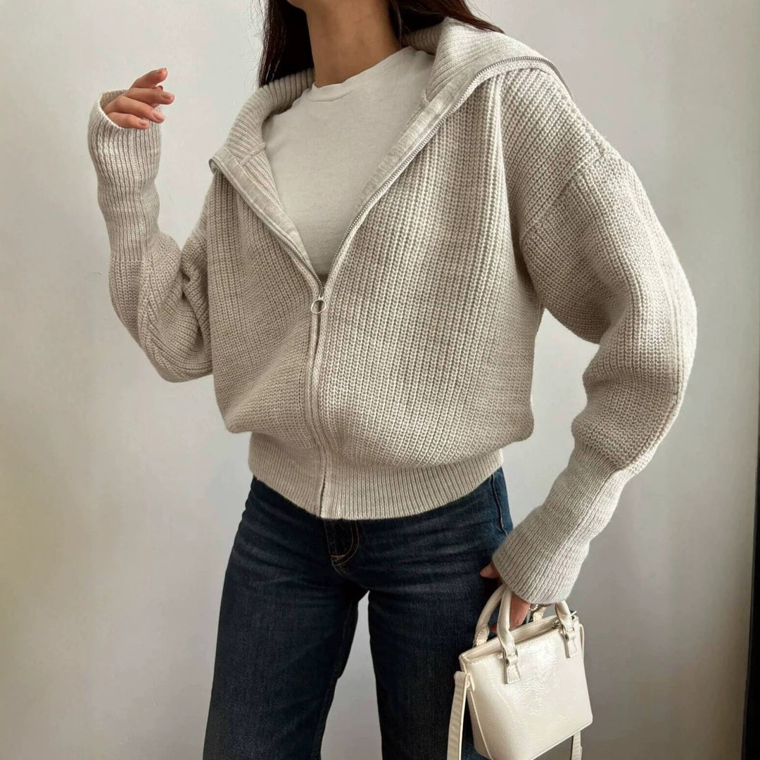 Damen Oversize Strickjacke mit Reißverschluss und hohem Kragen Drune