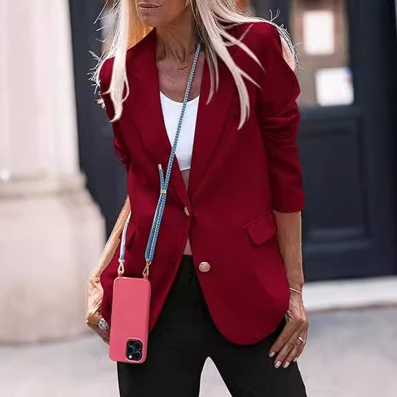 Damen elegante Blazerjacke mit strukturiertem Stoff und goldenen Knopfdetails Drune