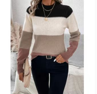 Damen Rundhals Strickpullover mit modernen Farbkombinationen Drune
