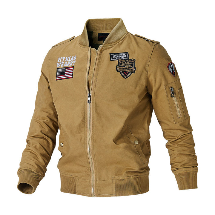 Herren nan militärisch inspirierte Bomberjacke mit gestickten Patches, Ärmeltasche, Schulterpatten und robustem Baumwoll-Twill Drune