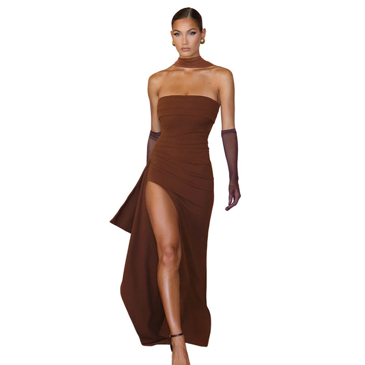 Damen Elegantes Trägerkleid mit seitlicher Drapierung und hochgeschlossenem Ausschnitt Drune