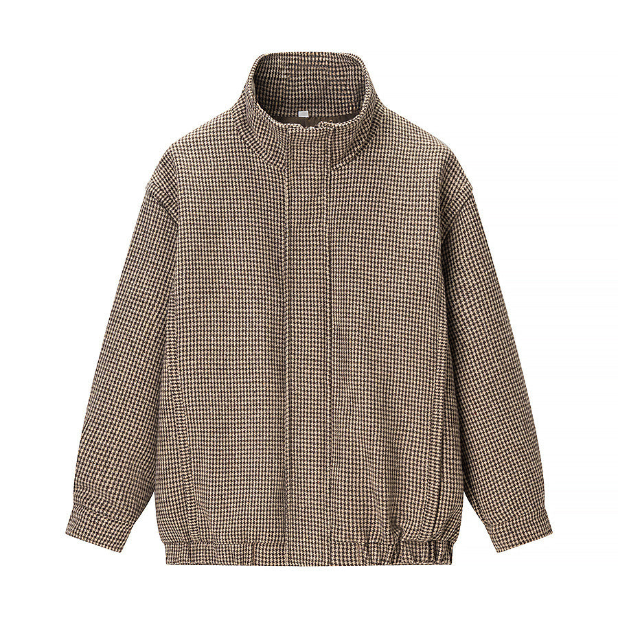 Damen Kurze Boxy-Übergangsjacke im Hahnentritt mit Stehkragen und Gummibund Drune
