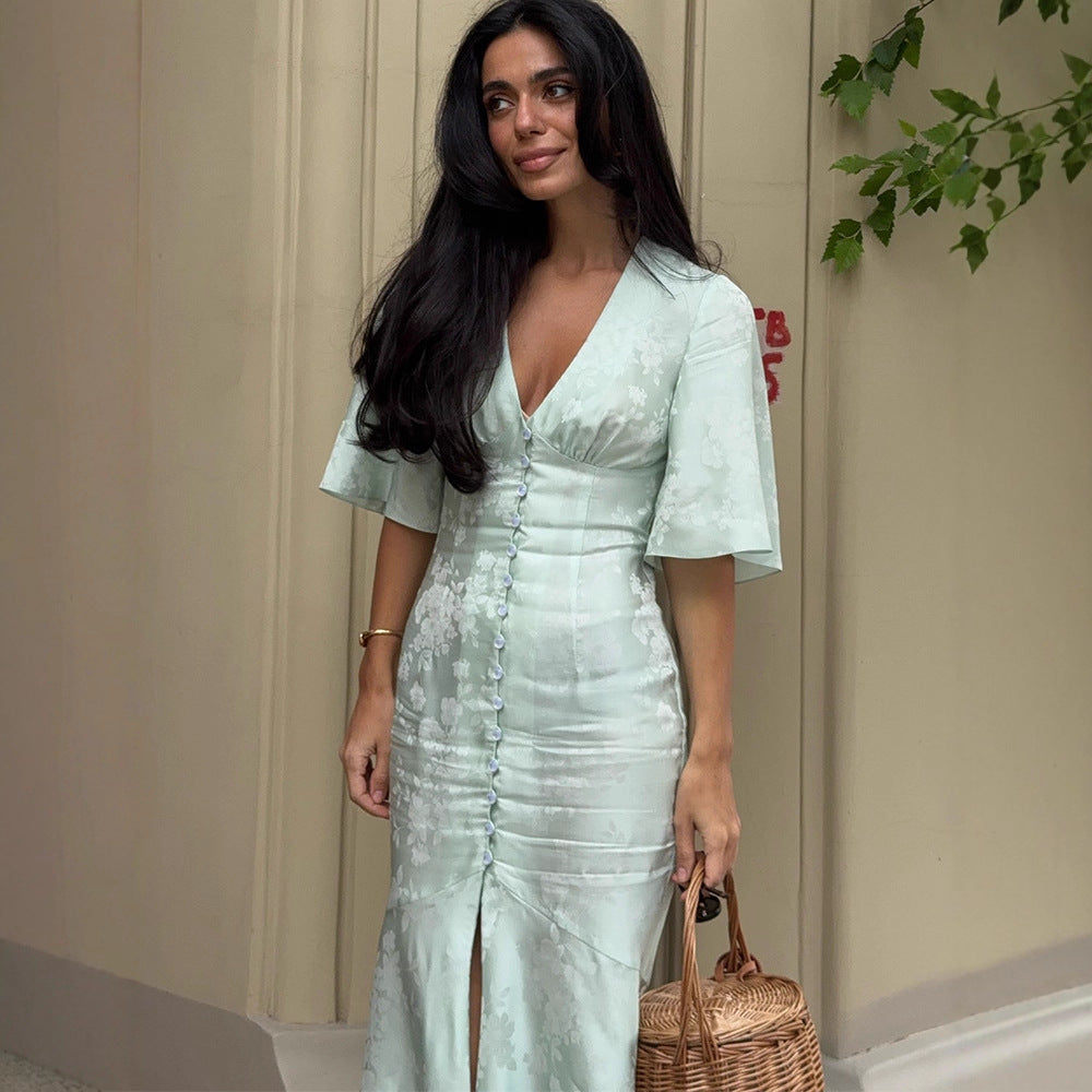 Damen Midikleid aus Jacquard mit V-Ausschnitt, Zierknopfleiste und vorderem Schlitz Drune