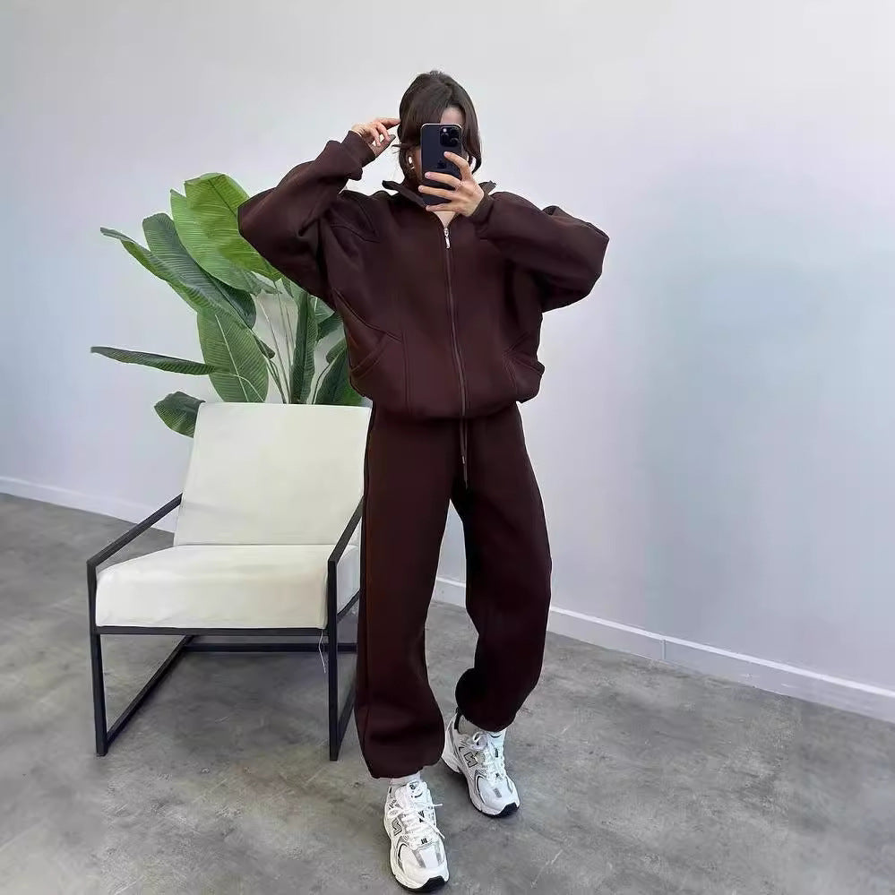 Damen Oversize Fleece-Set mit Reißverschlussjacke und weiten Jogginghosen Drune