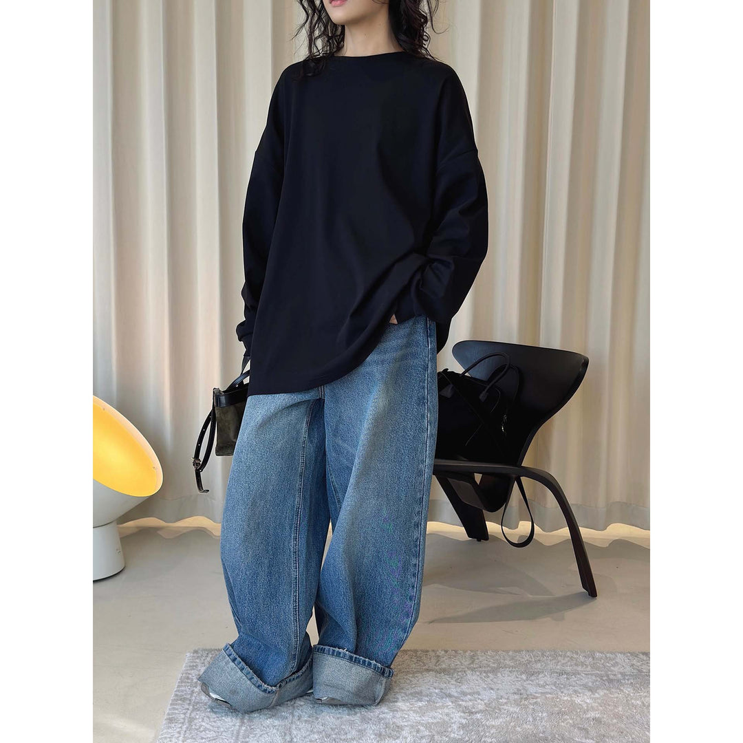 Damen Relaxed-Longsleeve mit überschnittener Schulter und feinem Rundhalsausschnitt Drune