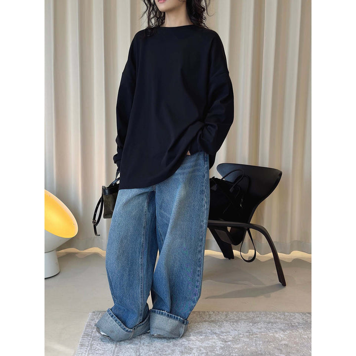 Damen Relaxed-Longsleeve mit überschnittener Schulter und feinem Rundhalsausschnitt Drune