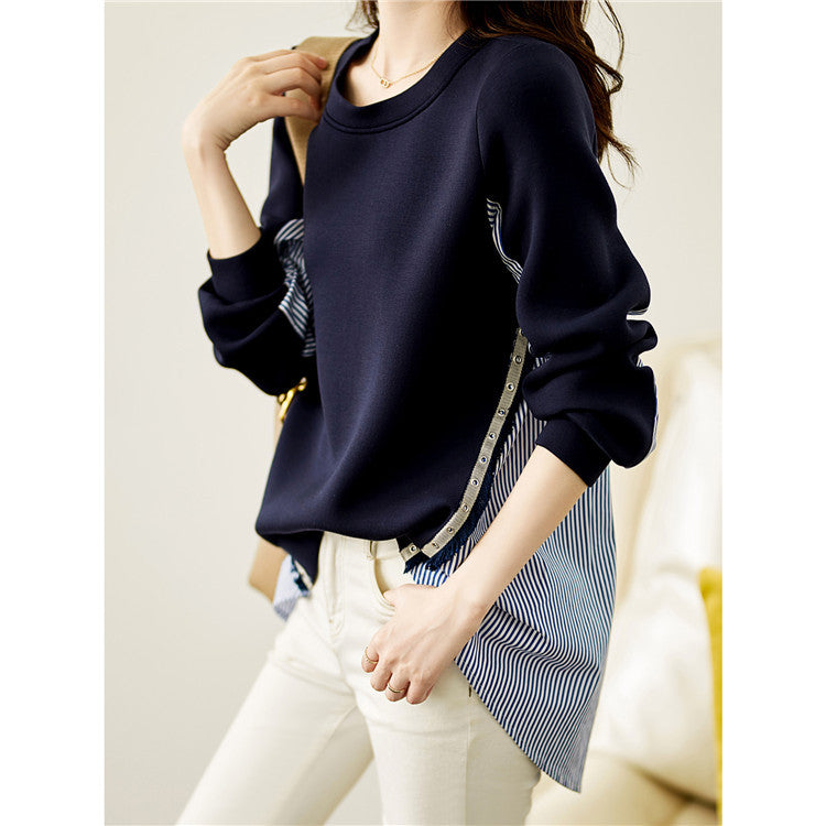 Damen nan Lagenlook-Sweatshirt mit gestreiftem Hemdsaum, Zierriegeln und verlängertem Rückteil Drune