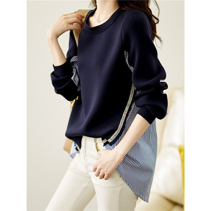 Damen nan Lagenlook-Sweatshirt mit gestreiftem Hemdsaum, Zierriegeln und verlängertem Rückteil Drune