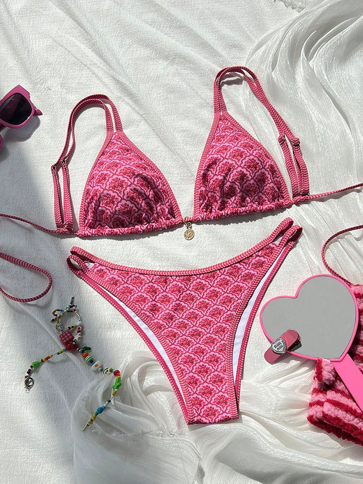 Damen Triangel-Bikini mit exquisitem Muster und verstellbaren Trägern Drune
