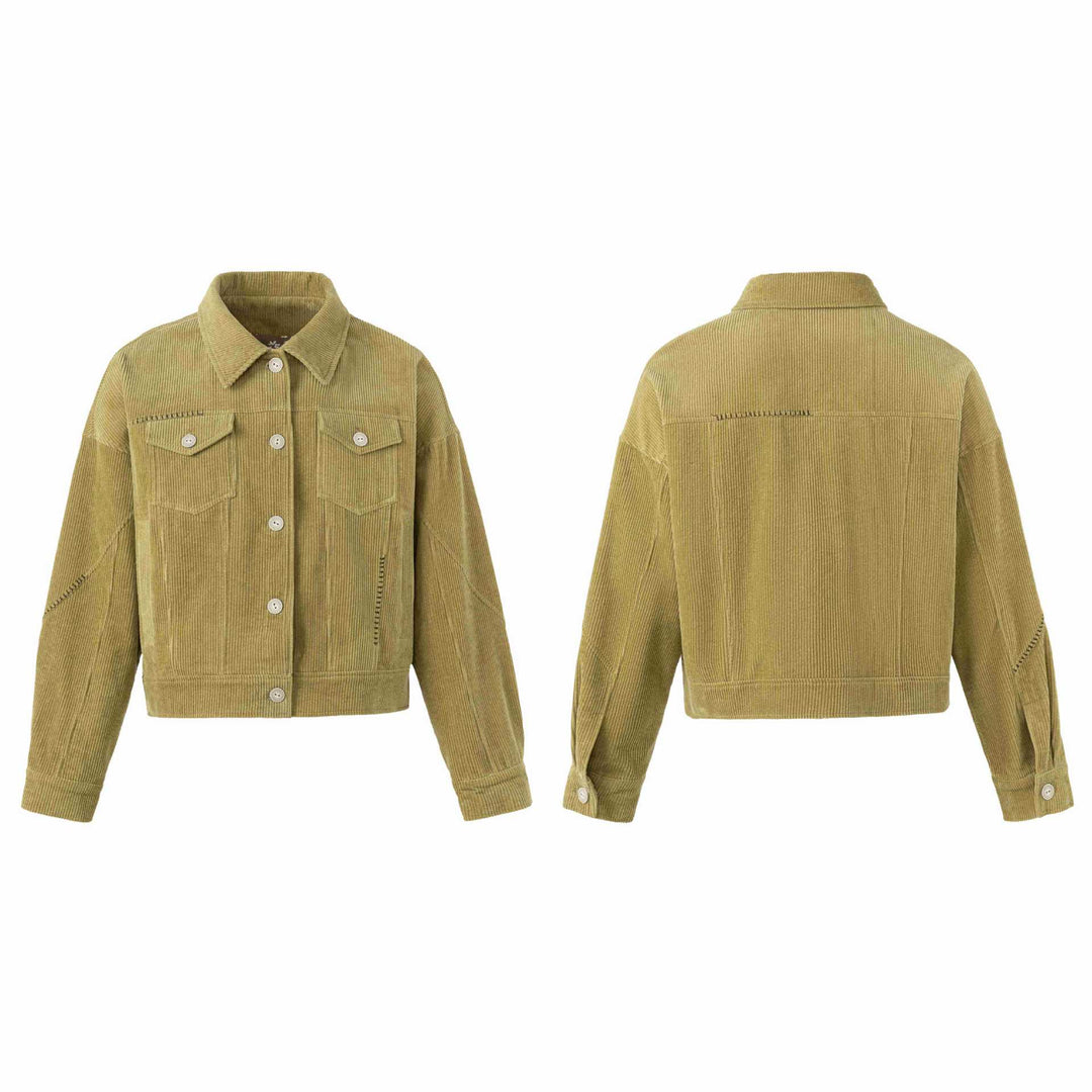 Damen Kurz geschnittene Cord‑Truckerjacke im Boxy‑Cut mit Pattentaschen Drune