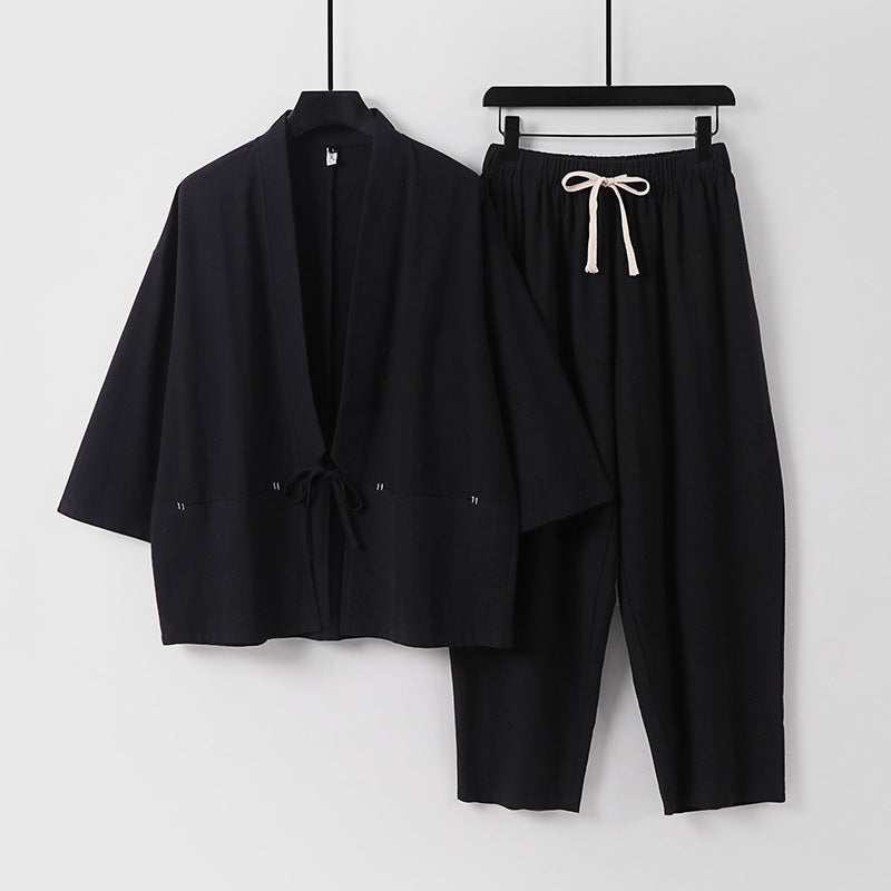 Unisex Kimono-Lounge-Set mit Kurzjacke und elastischer Kordelhose Drune