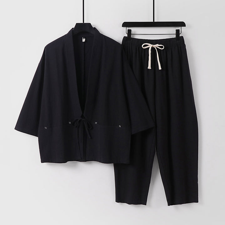 Unisex Kimono-Lounge-Set mit Kurzjacke und elastischer Kordelhose Drune