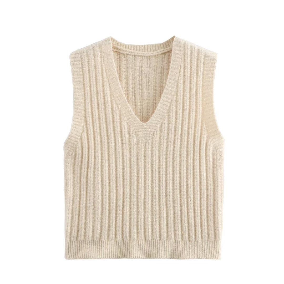 Damen V-Ausschnitt Rippenstrick Ärmelloser Pullover Drune