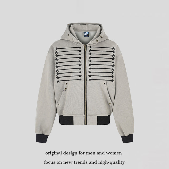 Damen Kapuzen‑Sweatjacke im Boxy‑Schnitt mit Stern‑Ziernähten, Metallösen und Kängurutaschen Drune