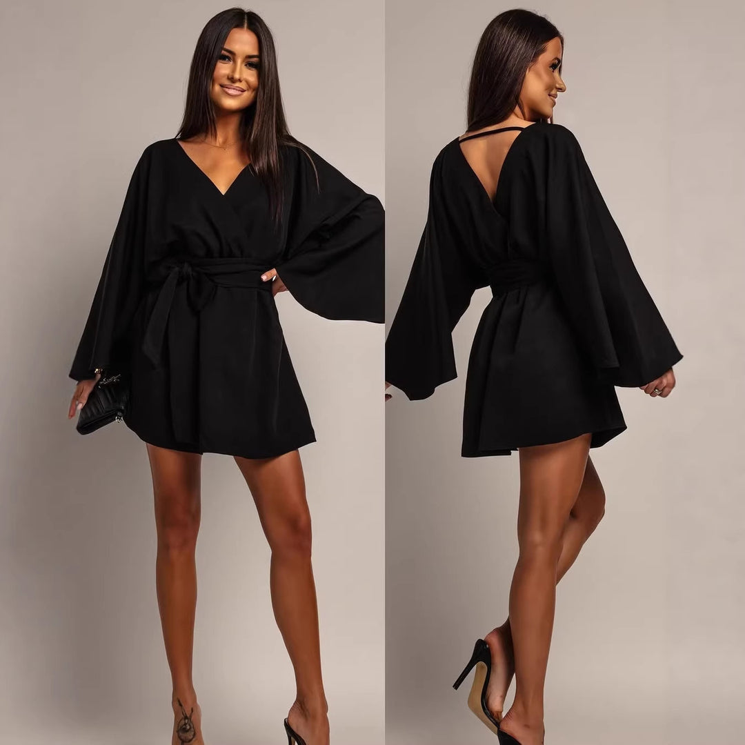 Damen Wickel-Minikleid mit Kimonoärmeln und Taillengürtel Drune