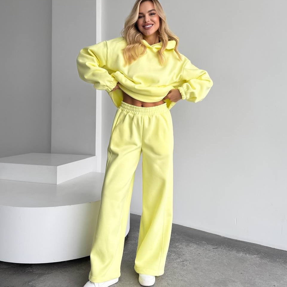 Damen Oversize Loungewear-Set aus schwerem Sweat mit Kapuzenpullover und weitem hochgeschnittenem Jogger Drune
