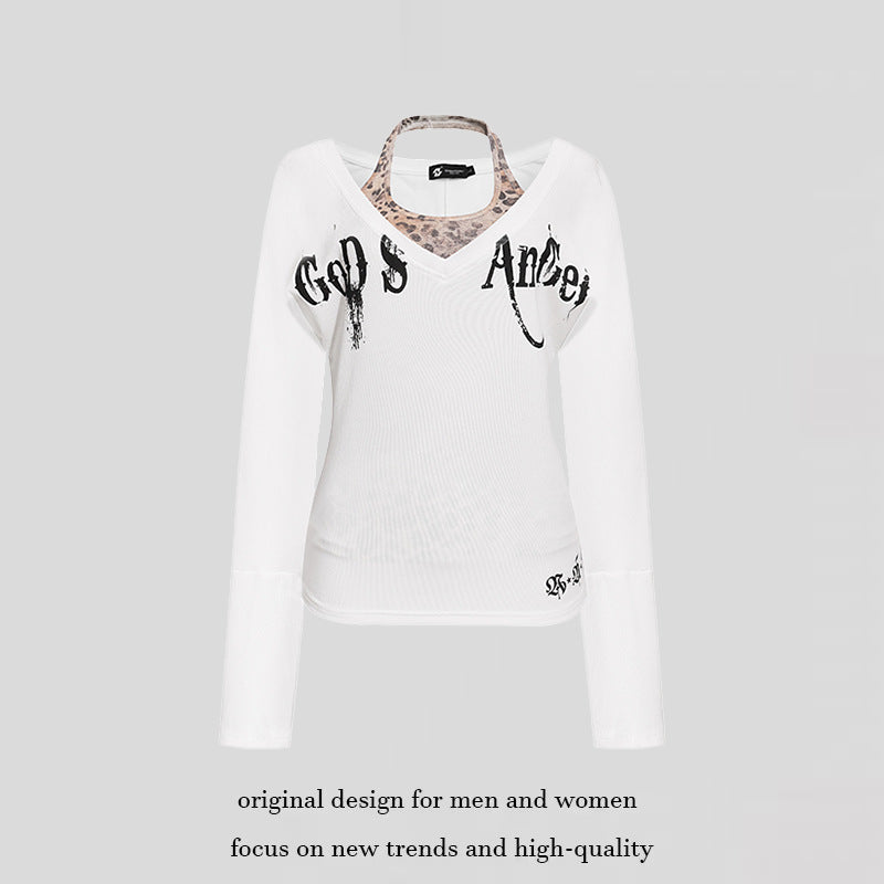 Damen Lagen-Langarmshirt mit integriertem Neckholder und Vintage-Grafik Drune