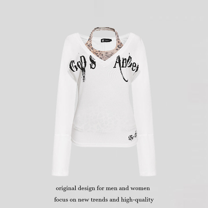 Damen Lagen-Langarmshirt mit integriertem Neckholder und Vintage-Grafik Drune