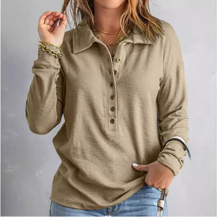 Damen Langarm-Waffelshirt mit Hemdkragen und Knopfleiste Drune