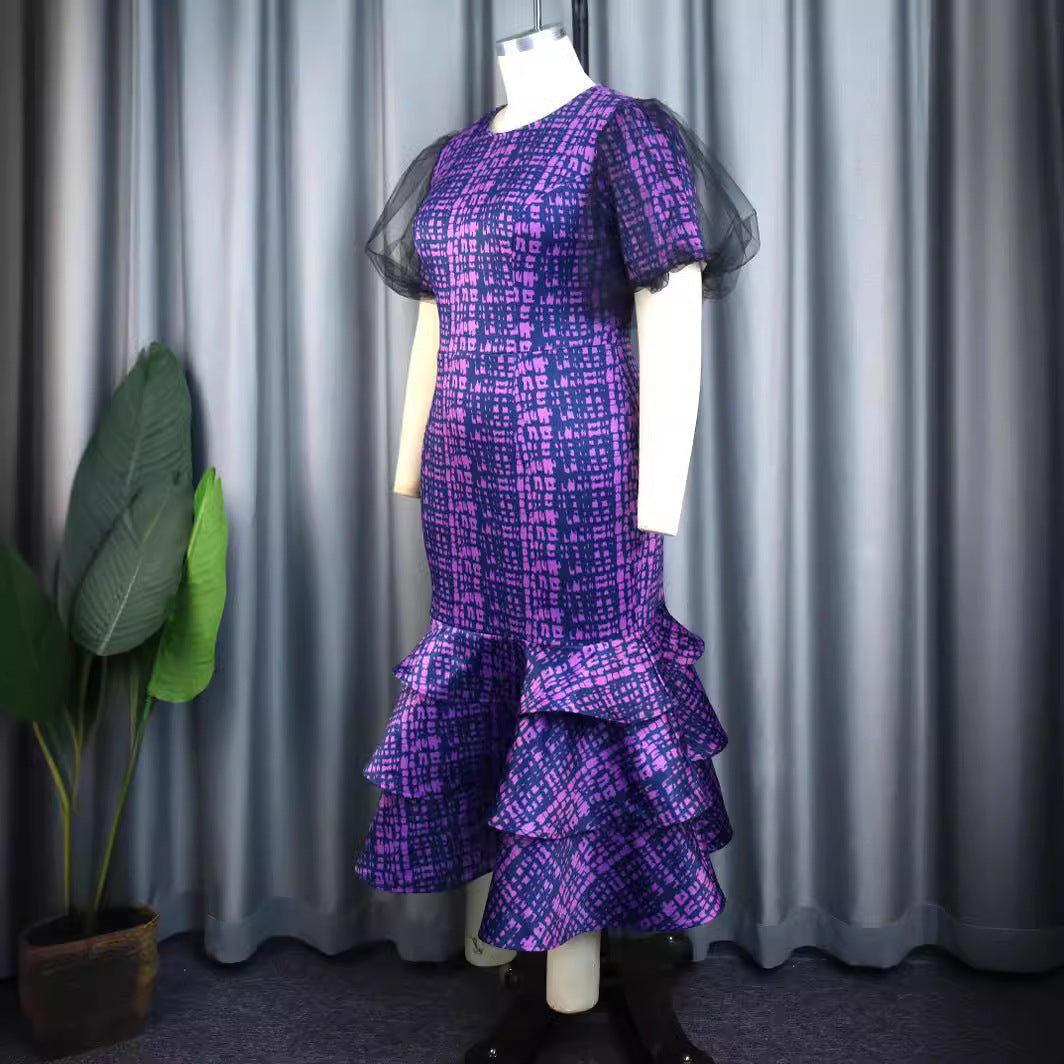 Damen elegantes Abendkleid mit voluminösen Rüschenärmeln und strukturiertem Rock Drune