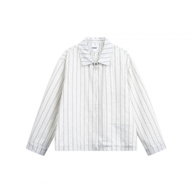 Unisex Gestreifte Overshirt-Jacke mit Hemdkragen und verdecktem Reißverschluss Drune