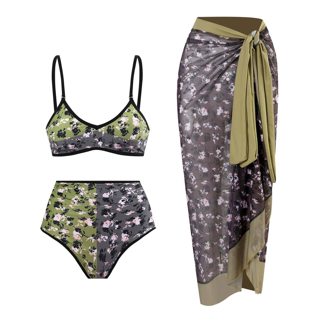 Damen Hochgeschnittener Bikini mit floralem Muster und kontrastierendem Detail Drune