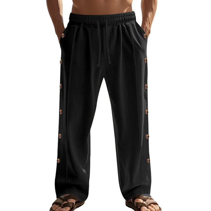 Herren nan entspannte Leinen-Relaxhose mit seitlicher Knopfleiste elastischem Bund und Eingrifftaschen Drune