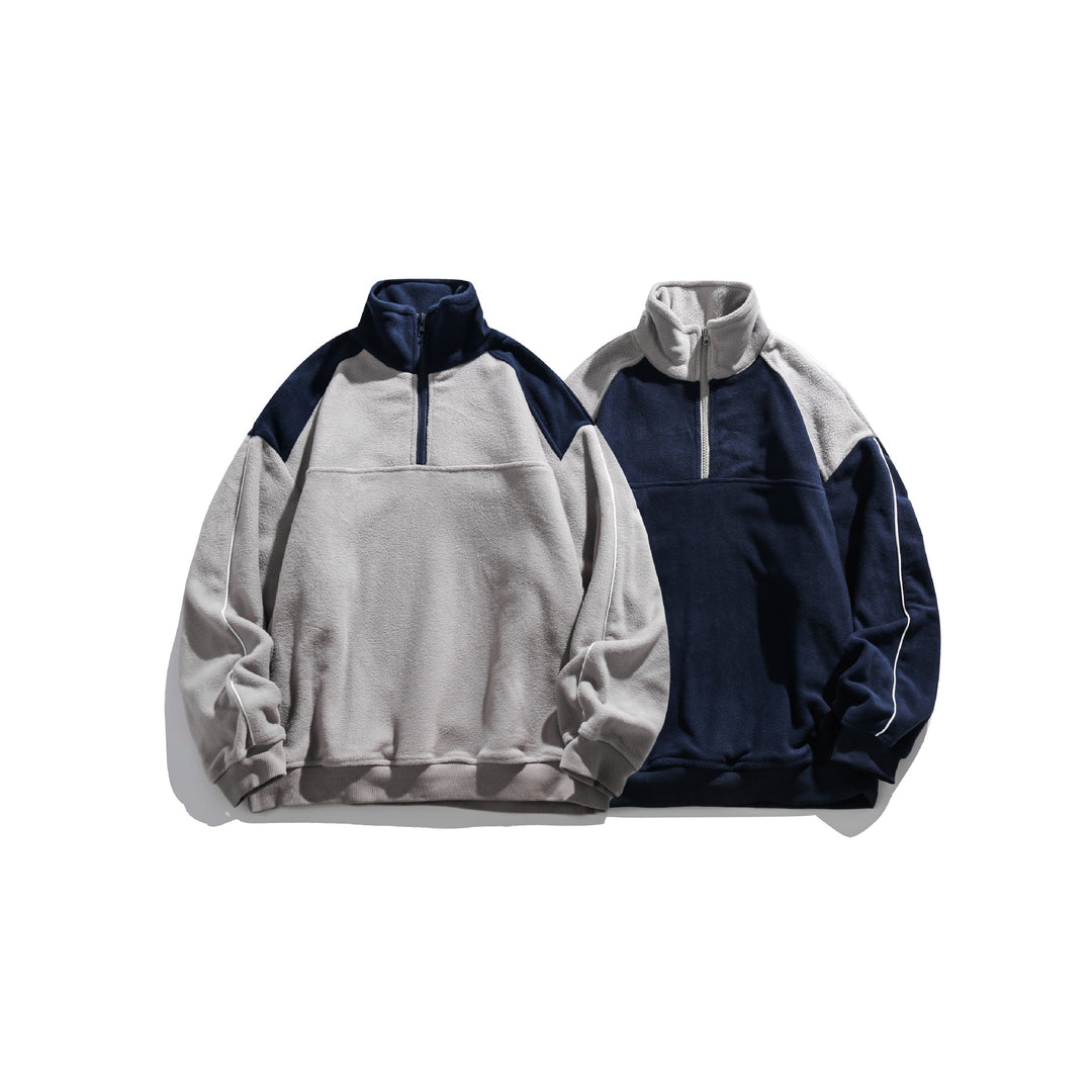 Unisex Fleece-Halbzip-Pullover mit hohem Kragen, Raglanärmeln und Kontrastpaneelen Drune