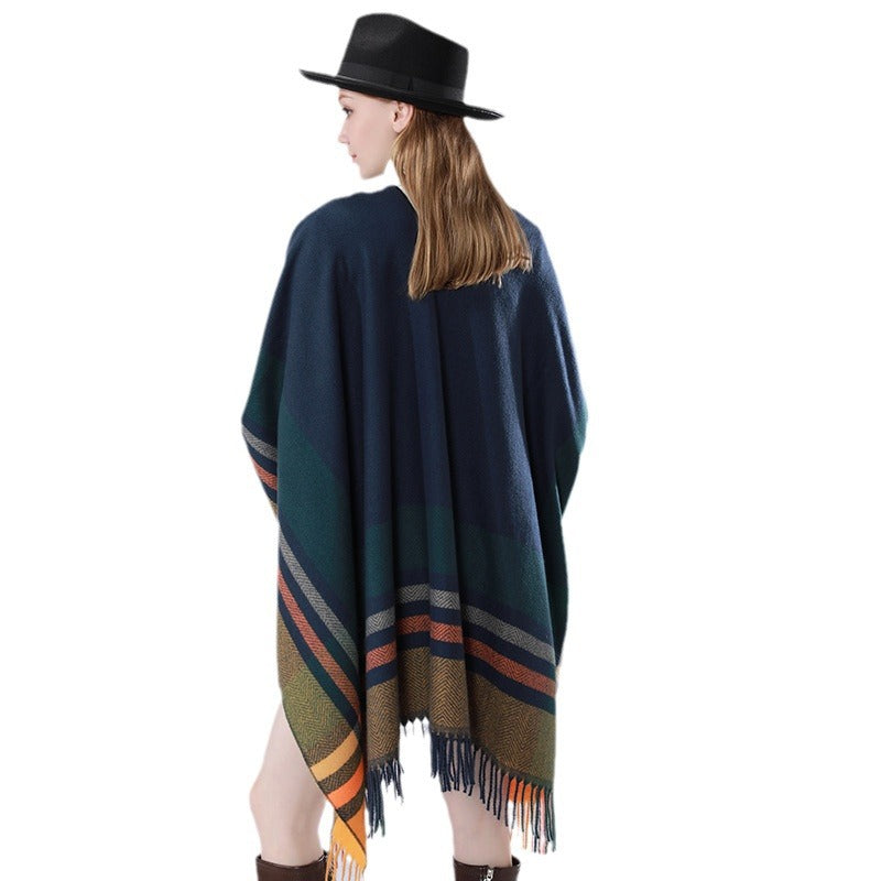 Damen Oversize‑Poncho‑Überwurf mit Tunnelzug, Karomuster und Fransensaum Drune