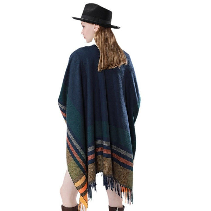 Damen Oversize‑Poncho‑Überwurf mit Tunnelzug, Karomuster und Fransensaum Drune