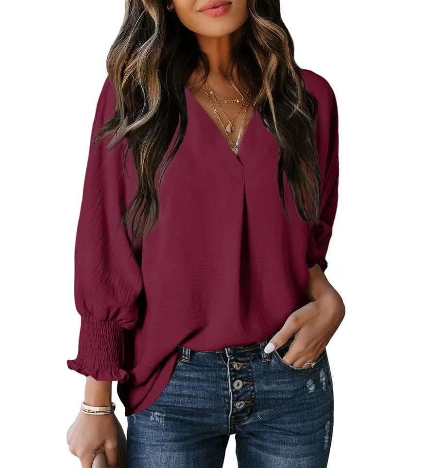 Damen V-Ausschnitt Bluse mit elastischen Ärmelbünden Drune