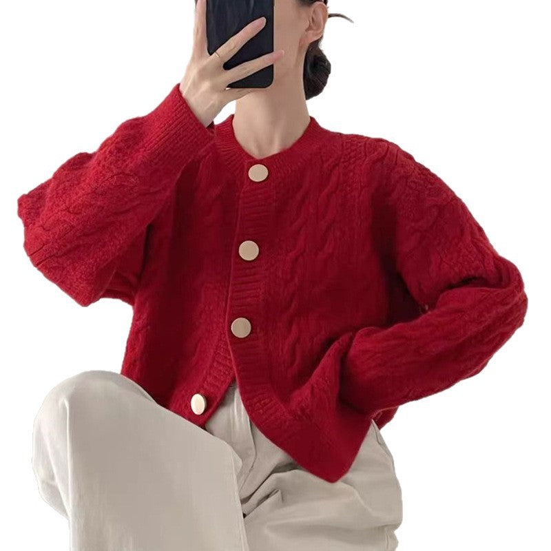 Damen Strickjacke mit Zopfmuster und großen Knöpfen Drune