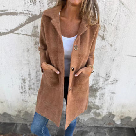 Damen Teddy-Mantel mit Oversize-Kragen, dekorativen Knöpfen und Eingrifftaschen Drune