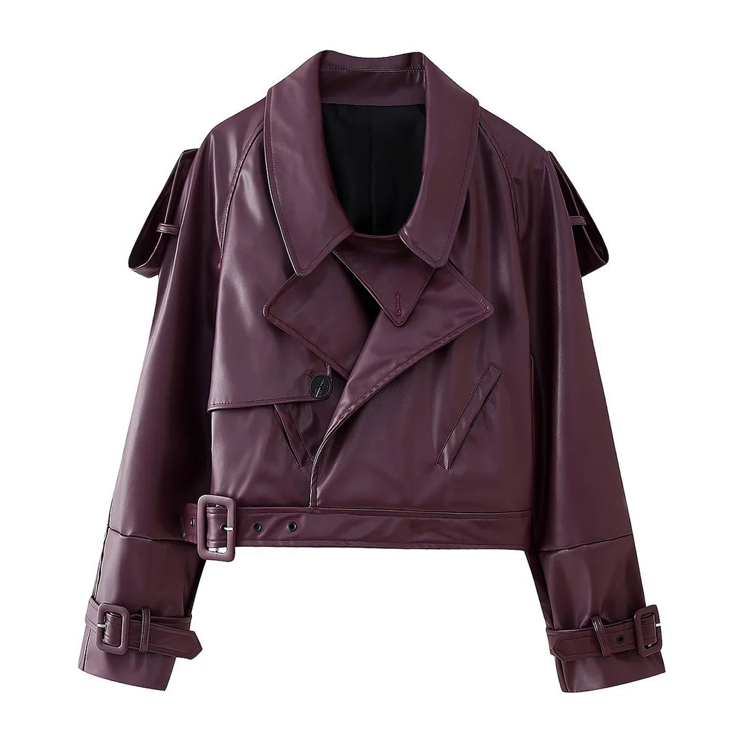 Damen nan kurz geschnittene Cropped Trench-Bikerjacke aus veganem Lackleder mit Taillengürtel und verstellbaren Manschetten Drune