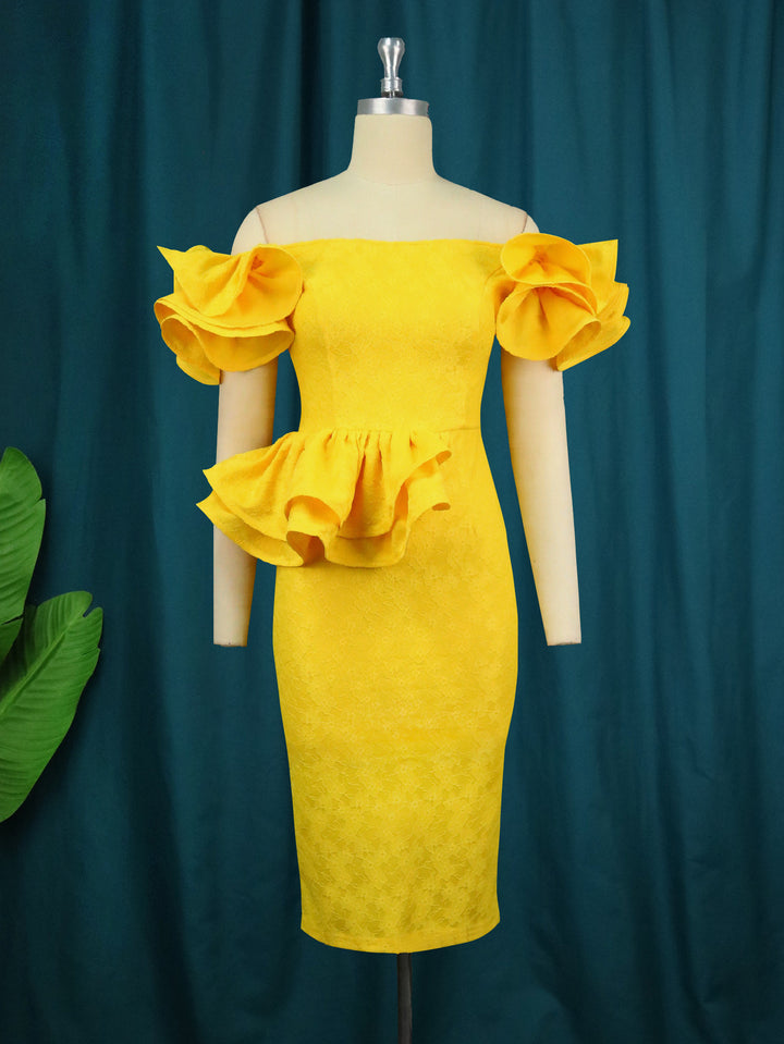 Damen figurbetontes Cocktailkleid mit voluminösen Rüschenärmeln Drune