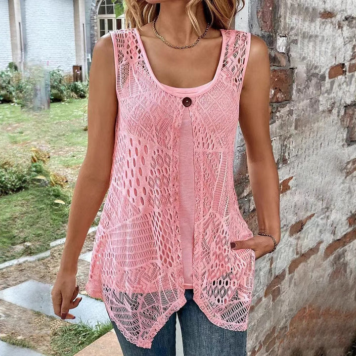 Damen nan zweilagiges Häkel-Overlay mit Jersey-Innentop, Ein-Knopf-Verschluss und asymmetrischem Zipfelsaum Drune