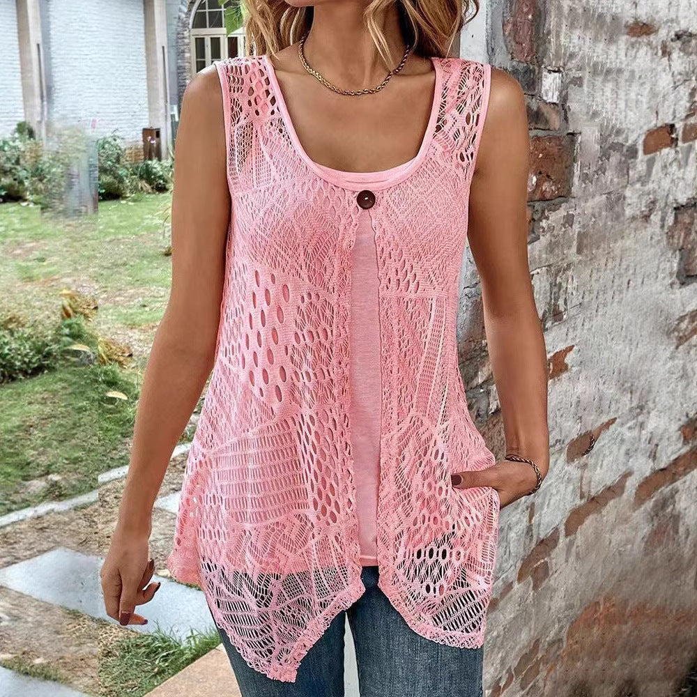 Damen nan gehäkeltes A-Linien-Oberteil mit asymmetrischem Zipfelsaum und integriertem Jersey-Untertop Drune