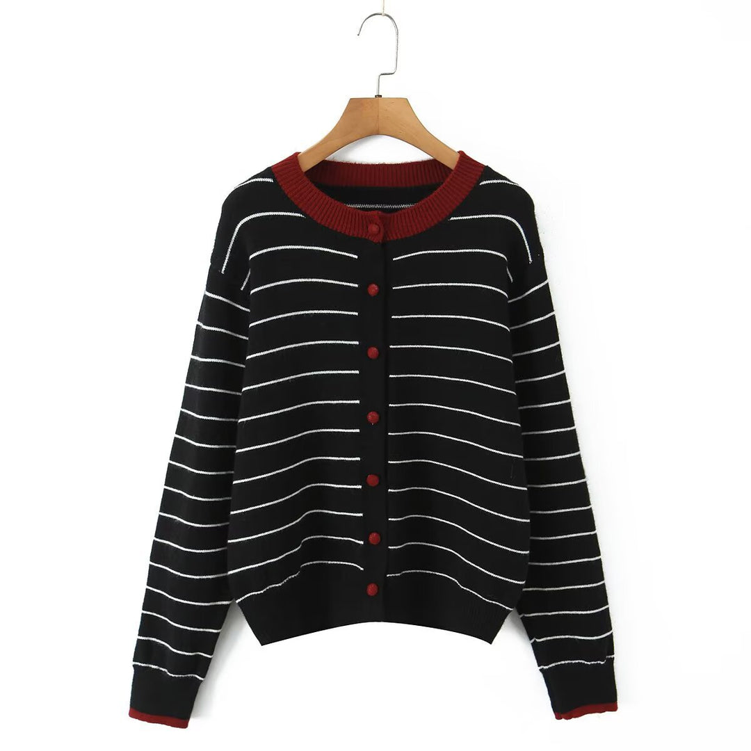 Damen gestreifte Strickjacke mit modernem Rundhalsausschnitt und Knopfdetails Drune