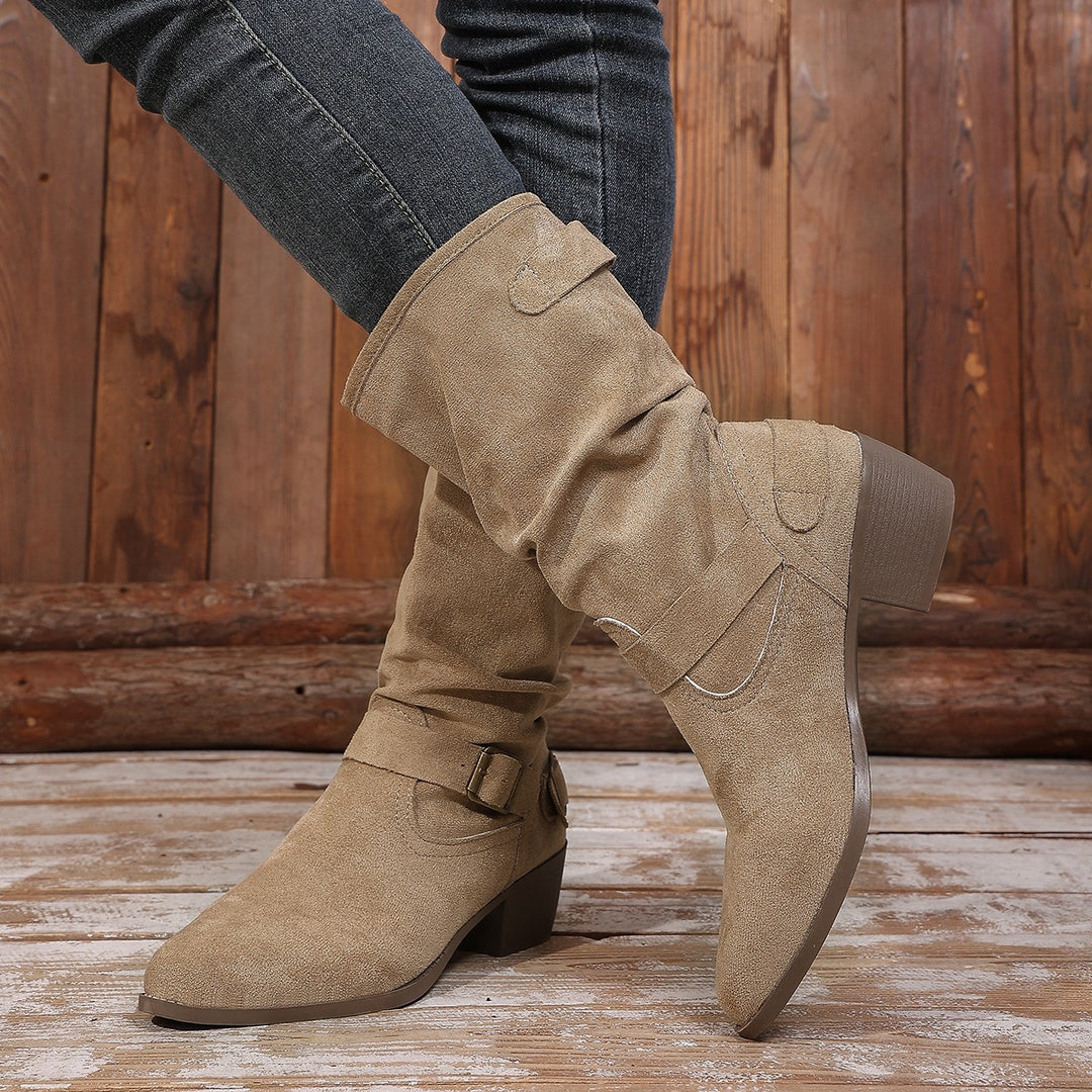 Damen Stiefeletten mit mittelhohem Blockabsatz und lässigem Slouch-Schaft Drune