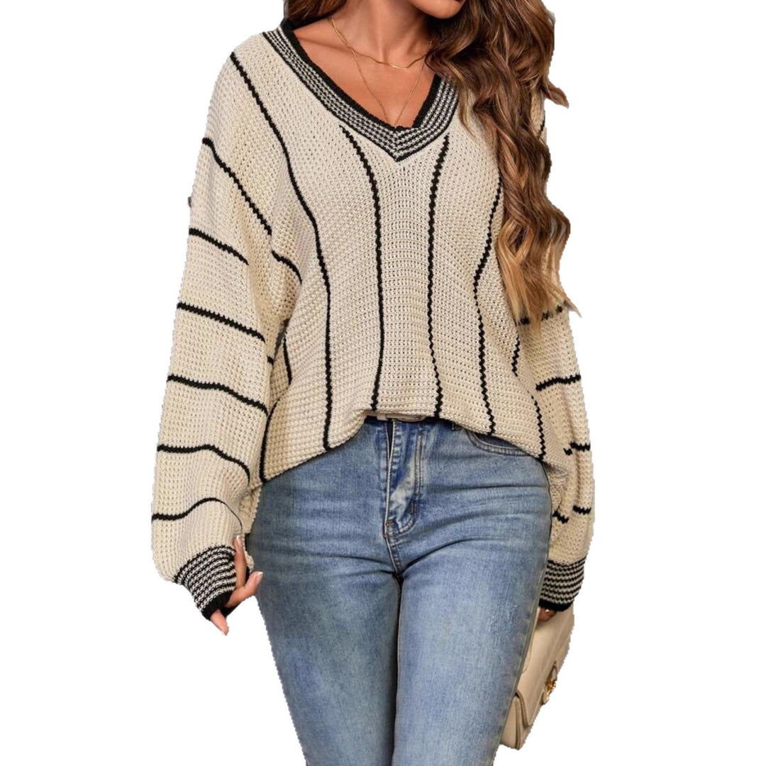 Damen Oversized V-Ausschnitt Pullover mit Streifenmuster Drune