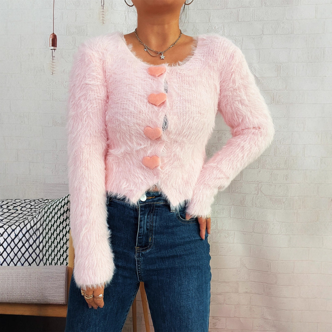 Damen flauschiger Cardigan mit Herzknöpfen Drune