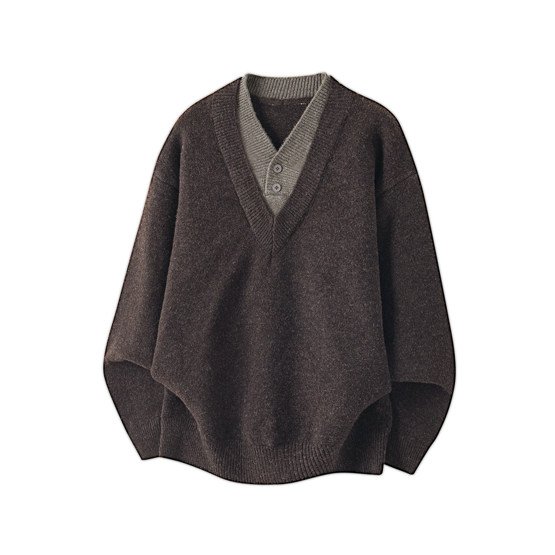 Damen Oversize Strickpullover mit tiefem V-Ausschnitt und eingesetzter Henley‑Blende Drune
