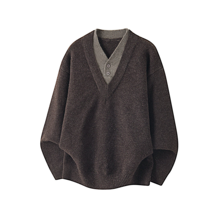 Damen Oversize Strickpullover mit tiefem V-Ausschnitt und eingesetzter Henley‑Blende Drune